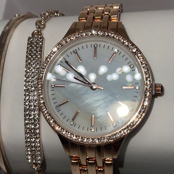 Gold Tone Crystal Watch Bracelet (3 Piece Set) Stunning Chic Intricate Style NEW - Picture 4 of 16